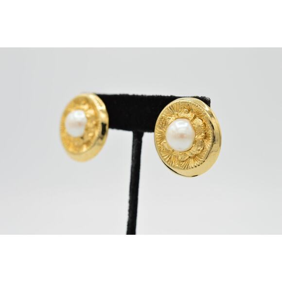 Vintage Pierced Earrings Dangle Brushed Gold Chunky Round Pearl NOS 1980s 9E - Picture 2 of 7